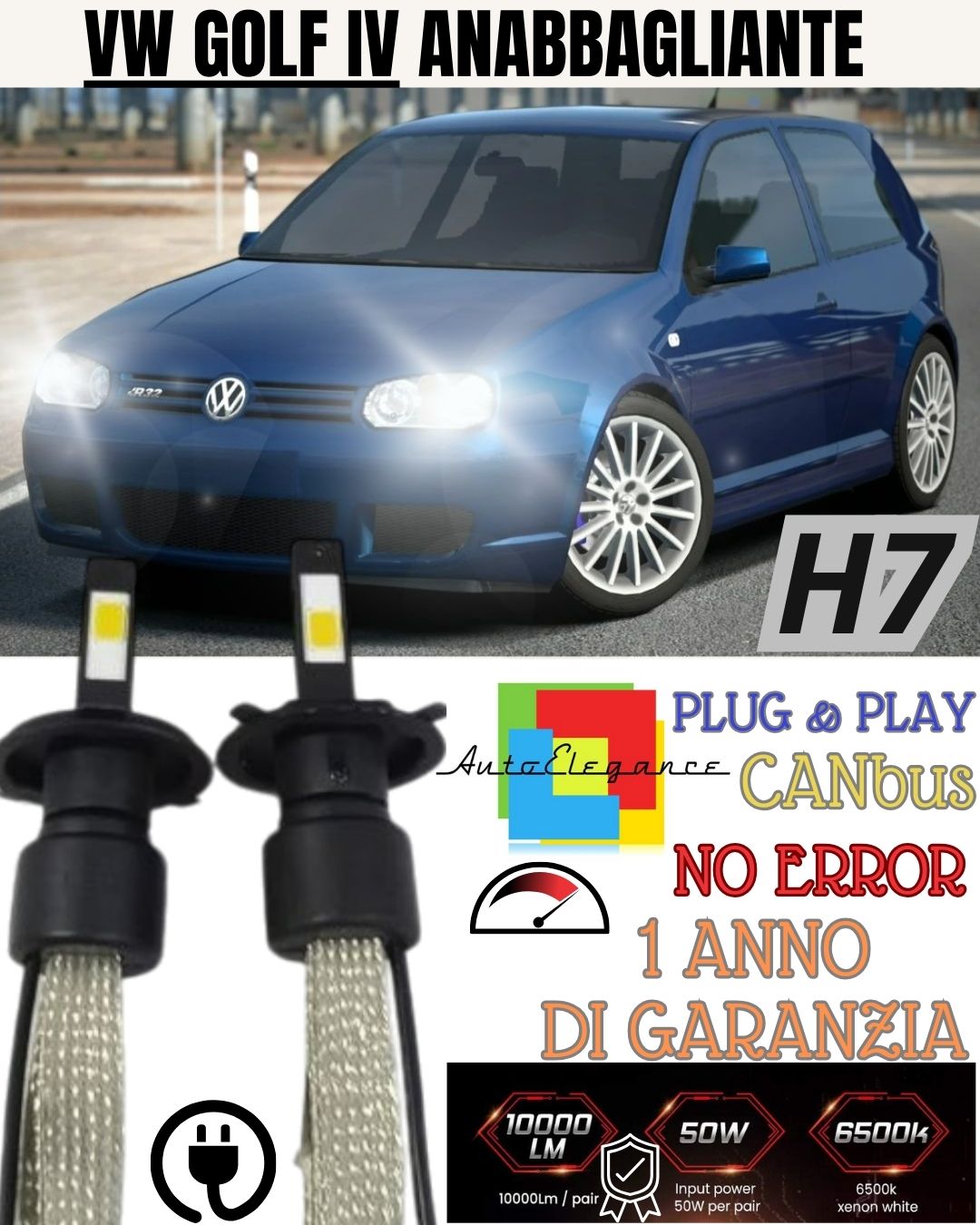 LED LOW BEAM VW GOLF IV 4 H7 LED BULBS 6000K NO ERROR 6400 LUMEN 
