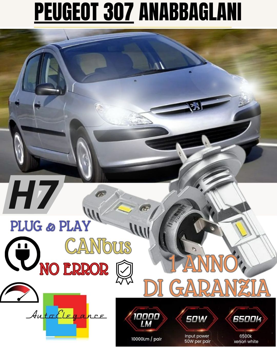 H7 LED KIT FOR PEUGEOT 307 6000K WHITE 6000 LUMEN CANBUS LOW BEAM 