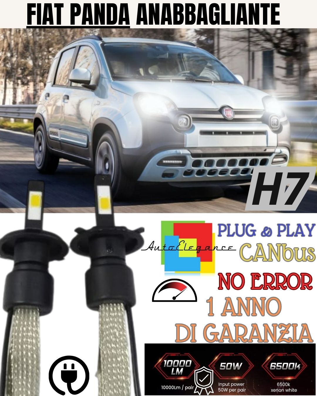 FIAT PANDA CROSS LED LOW BEAM LAMP KIT LED H7 6000K WHITE NO ERROR 