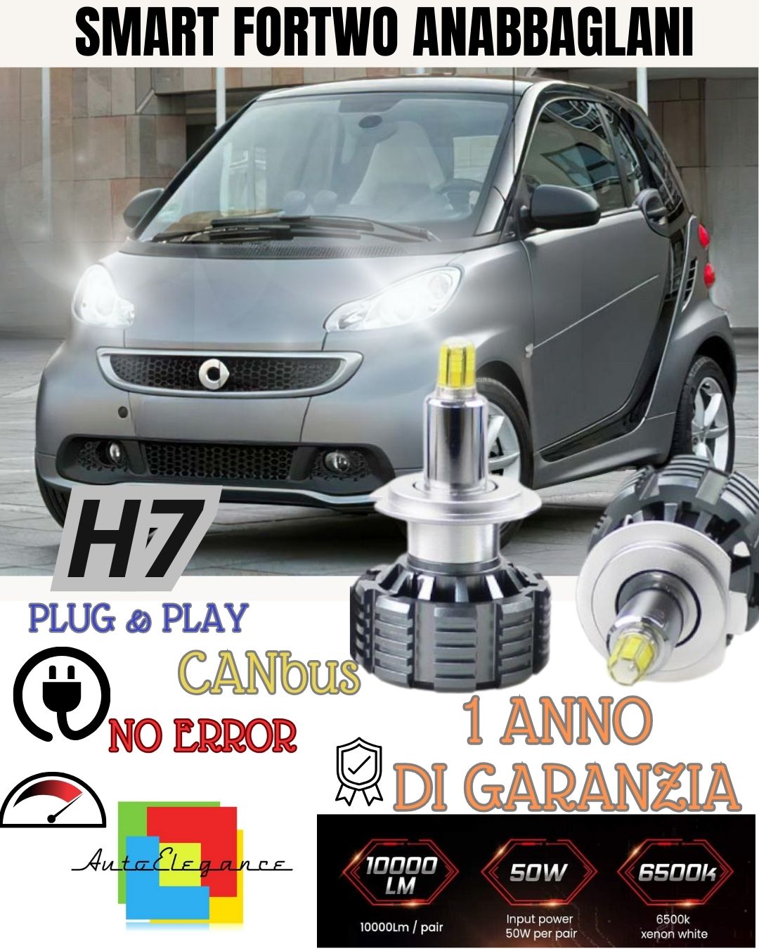 FULL LED KIT H7 CANBUS SMART FORTWO 451 6000K WHITE 9600 LUMEN 80W NO ERROR 