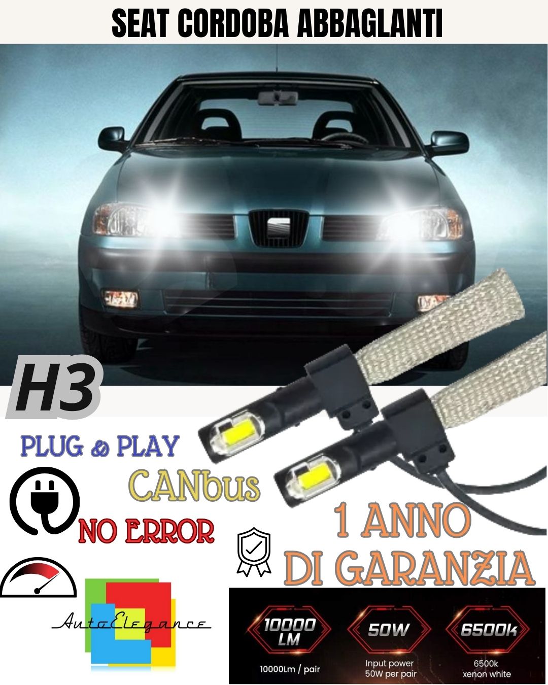 KIT LED H3 SEAT CORDOBA 6L ABBAGLIANTI 6400 LUMEN 6000K BIANCO GHIACCIO CANBUS