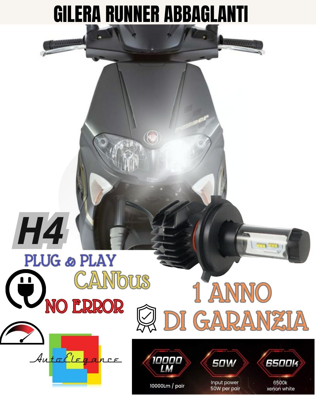 LAMPADA LED H8 6000K 4900 LUMEN CANBUS GILERA RUNNER ABBAGLIANTE MOTO NO AVARIA