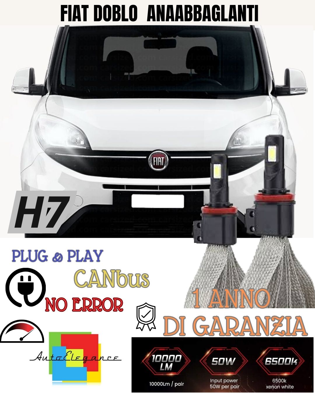 KIT LAMPADE H7 LED ANABBAGLIANTE FIAT DOBLO DAL 2015 6000K XENON NO AVARIA LUCI