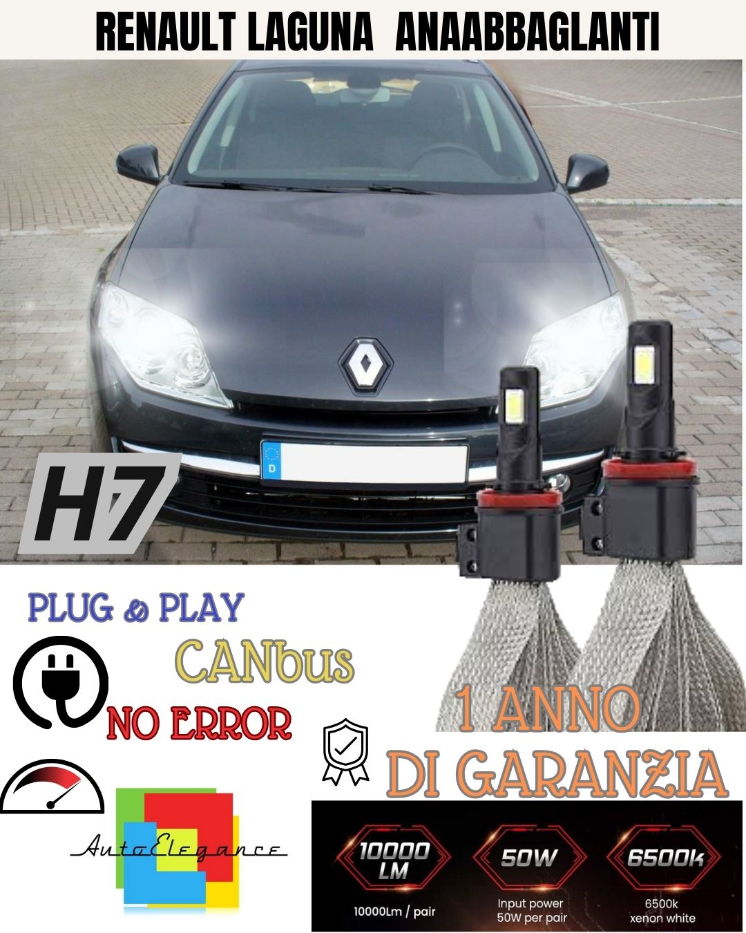 KIT LAMPADE H7 LED ANABBAGLIANTE RENAULT LAGUNA 3 III 6000K XENON BIANCO