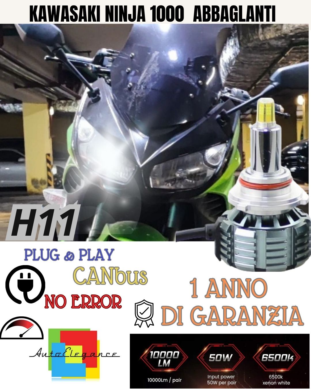 H11 LED LAMP 4800 LUMEN KAWASAKI NINJA 1000 ZX-10R 2008-2011 HIGH BEAM