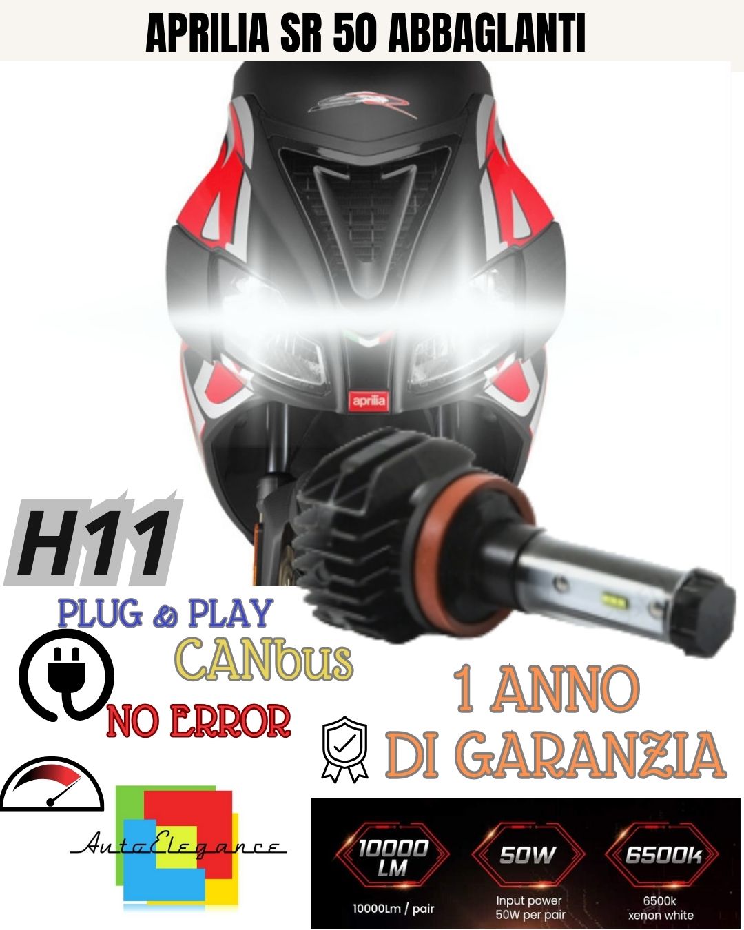 LED LAMP H11 4900 LUMEN CANBUS APRILIA SR 50 2007-2017 HIGH BEAM NO FAILURE