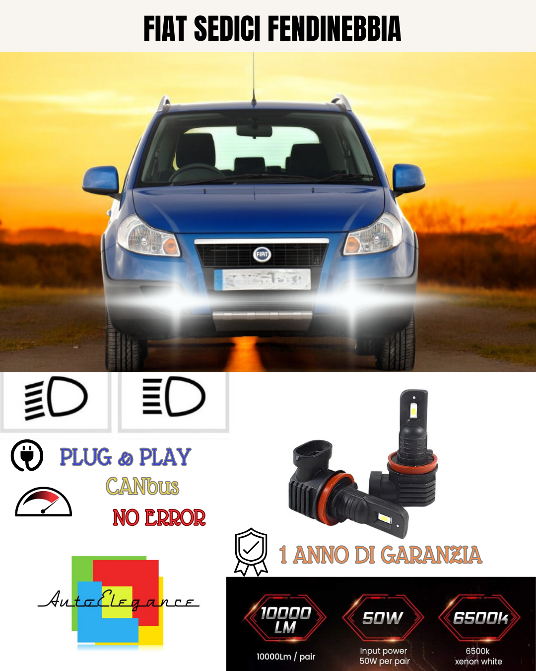 💫KIT LED H11 FIAT SEDICI 6000K BIANCO FENDINEBBIA 💫