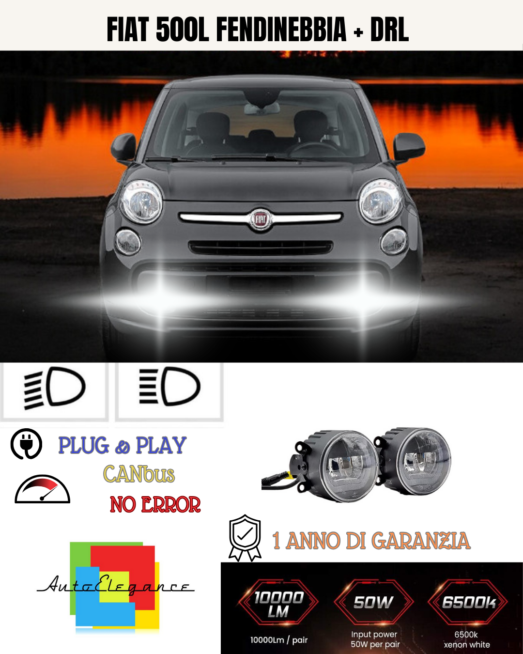 🔥SET PROIETTORI LED FIAT 500L 6500K NERO FENDINEBBIA + DRL🔥