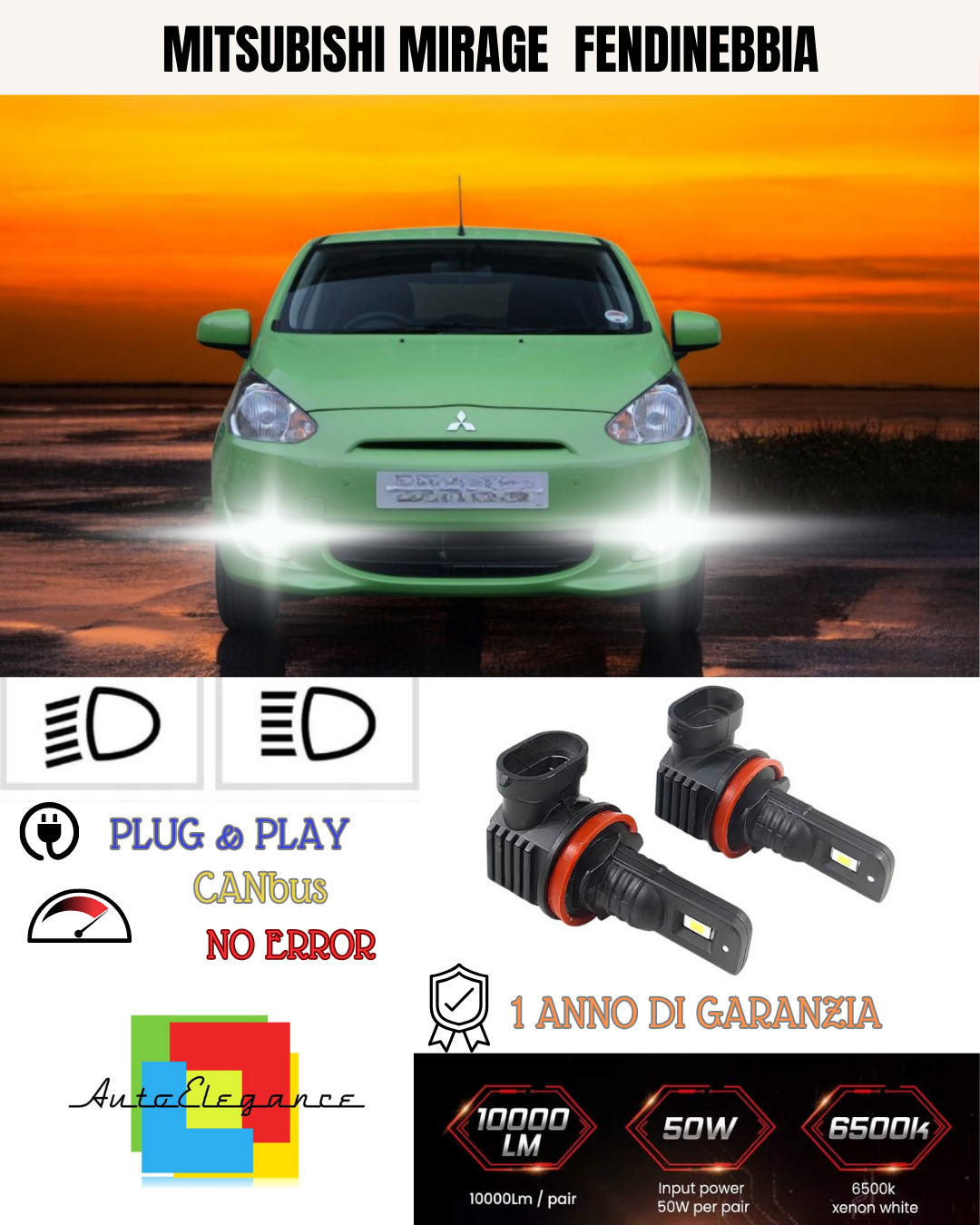 🔥KIT LED H8 MITSUBISHI MIRAGE 6000K BIANCO FENDINEBBIA 🔥