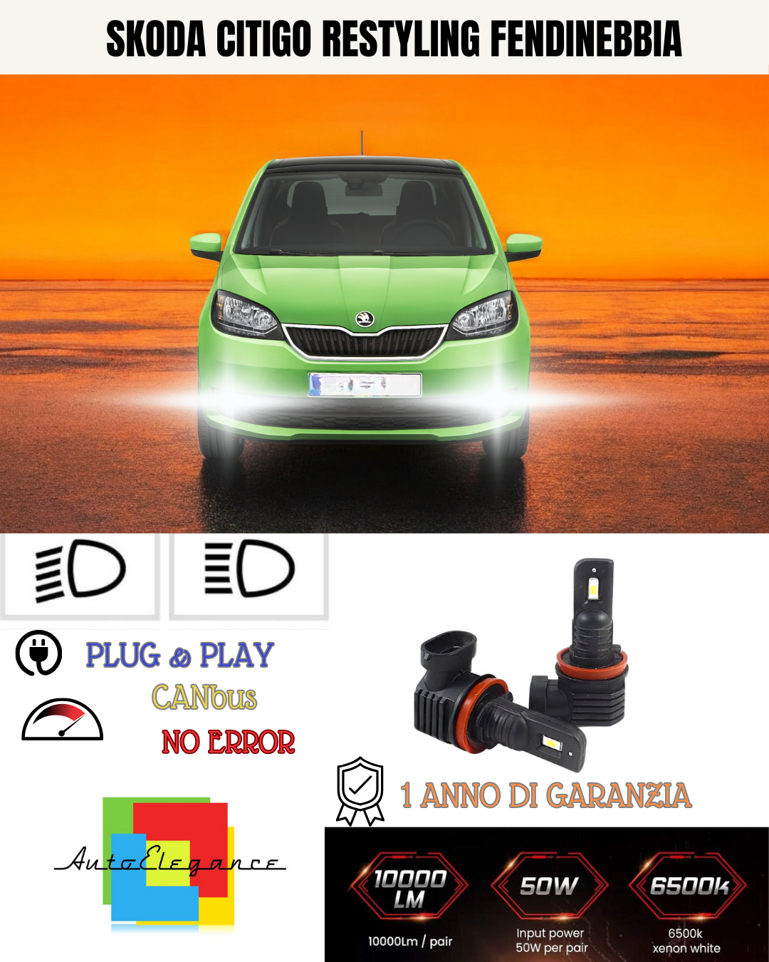 ⭐KIT LED H8 SKODA CITIGO RESTYLING 6000K BIANCO FENDINEBBIA ⭐