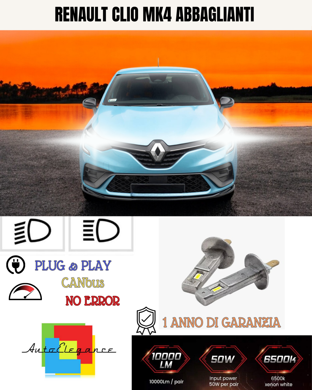🔥KIT LED H1 RENAULT CLIO MK4 6000K BIANCO ABBAGLIANTI🔥