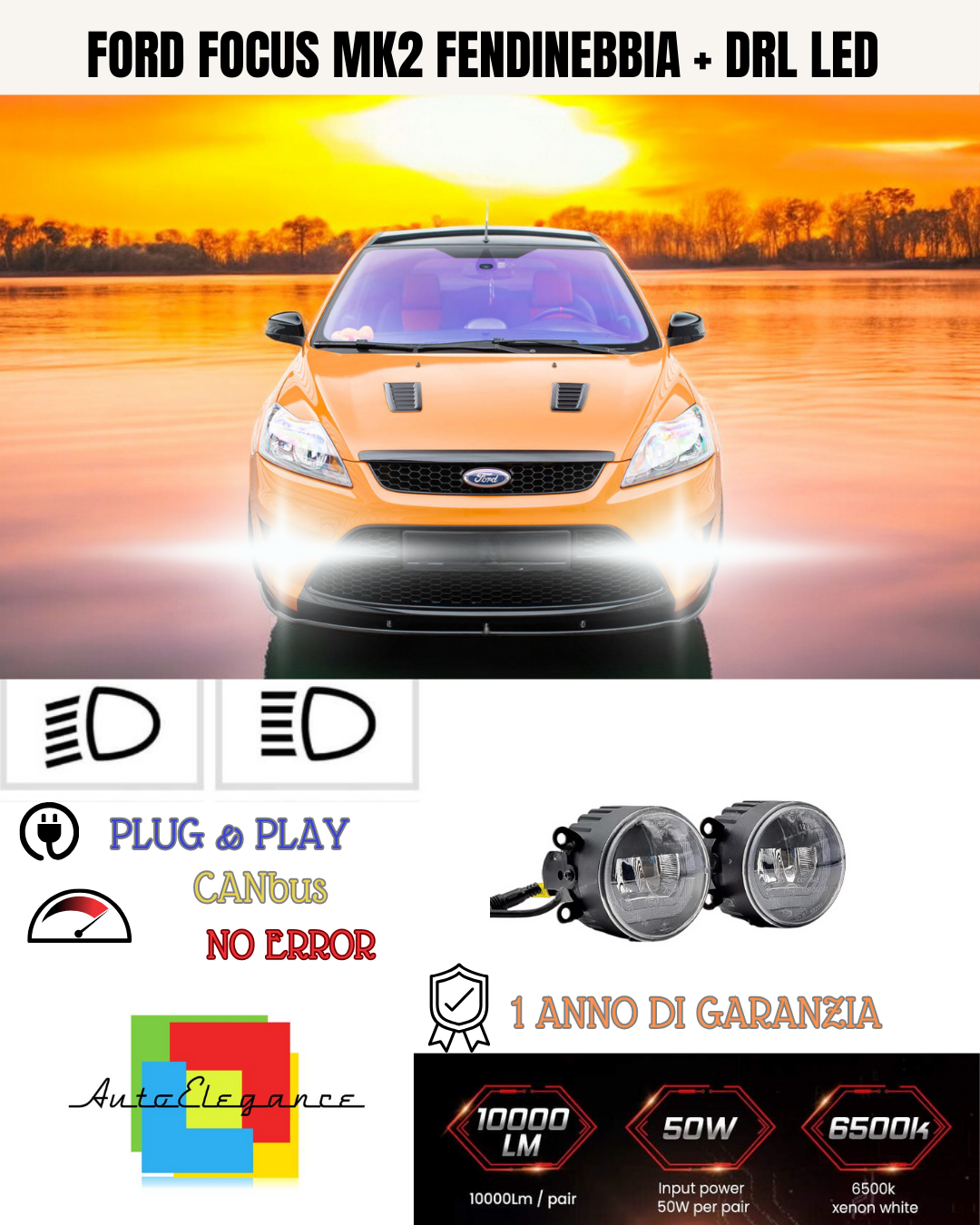 🔥SET PROIETTORI LED FORD FOCUS MK2 6500K NERO FENDINEBBIA + DRL LED🔥