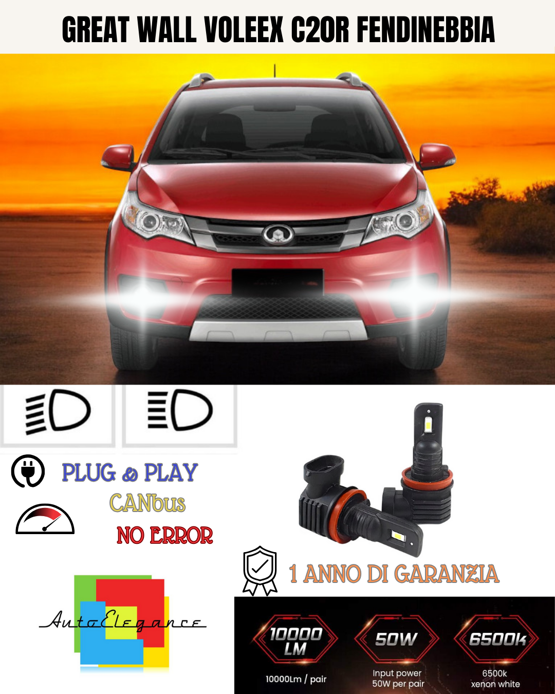 💫KIT LED H11 GREAT WALL VOLEEX C20R 6000K BIANCO FENDINEBBIA 💫