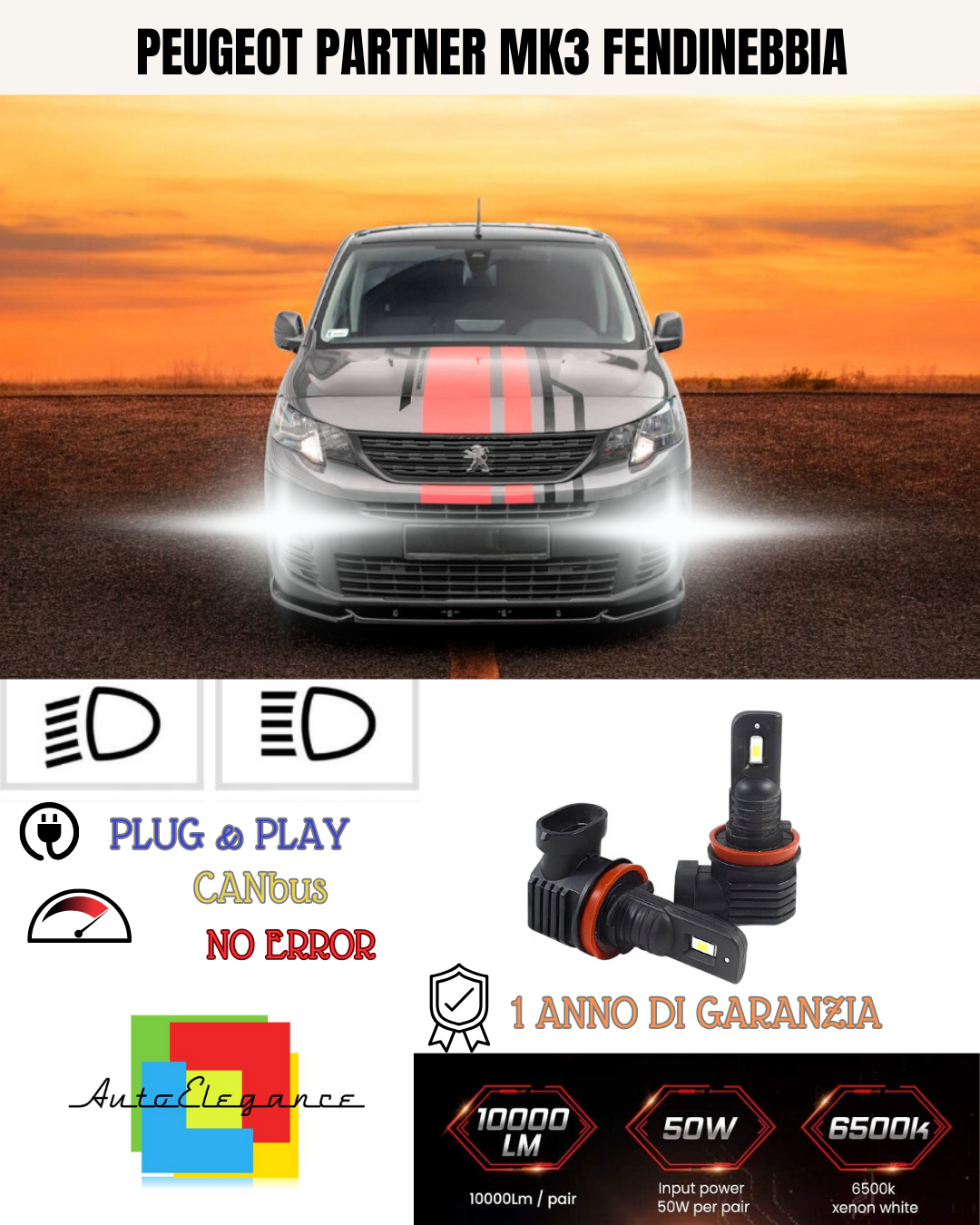 ⭐KIT LED H11 PEUGEOT PARTNER MK3 6000K BIANCO FENDINEBBIA ⭐