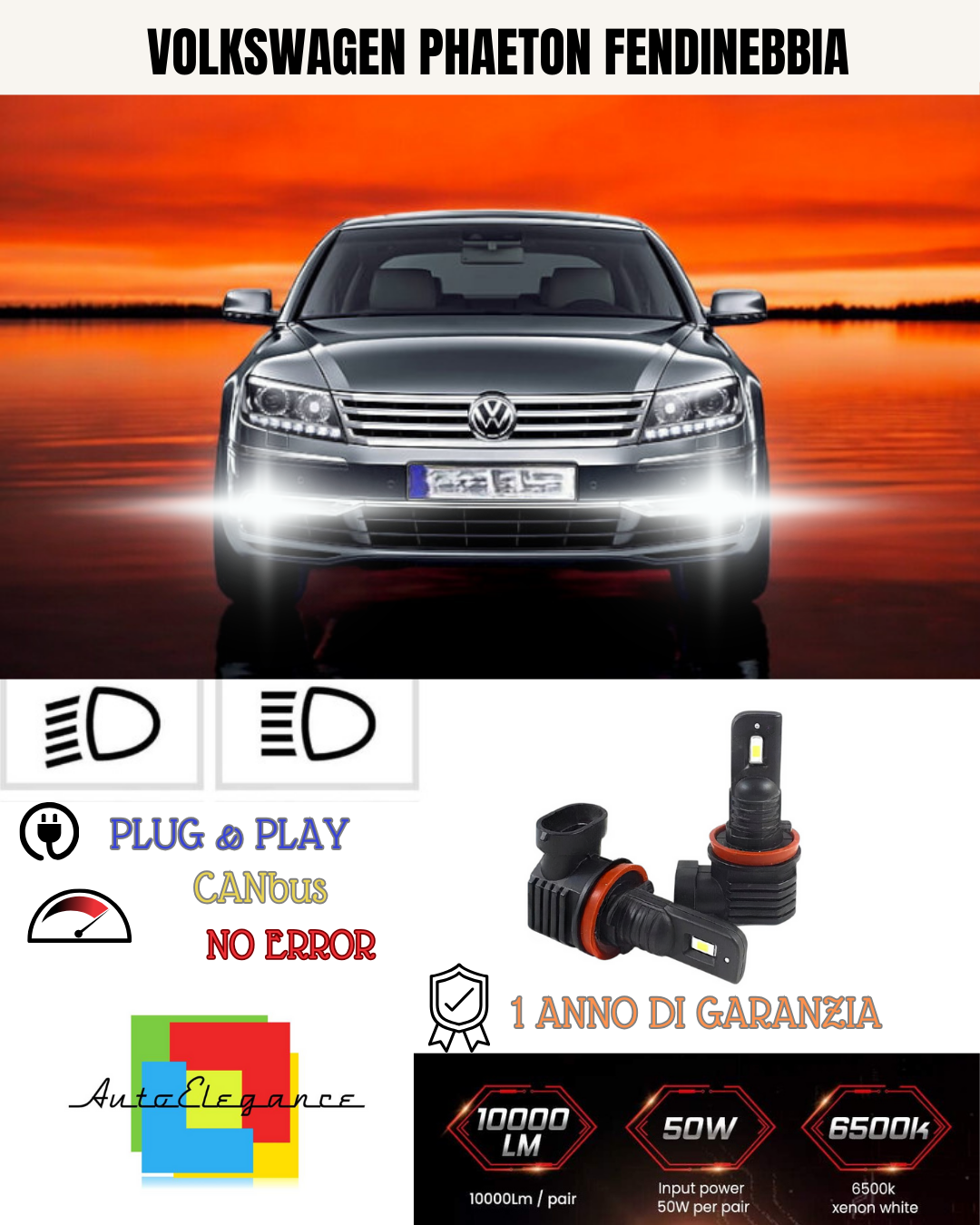 ⭐KIT LED H11 VOLKSWAGEN PHAETON 6000K BIANCO FENDINEBBIA ⭐