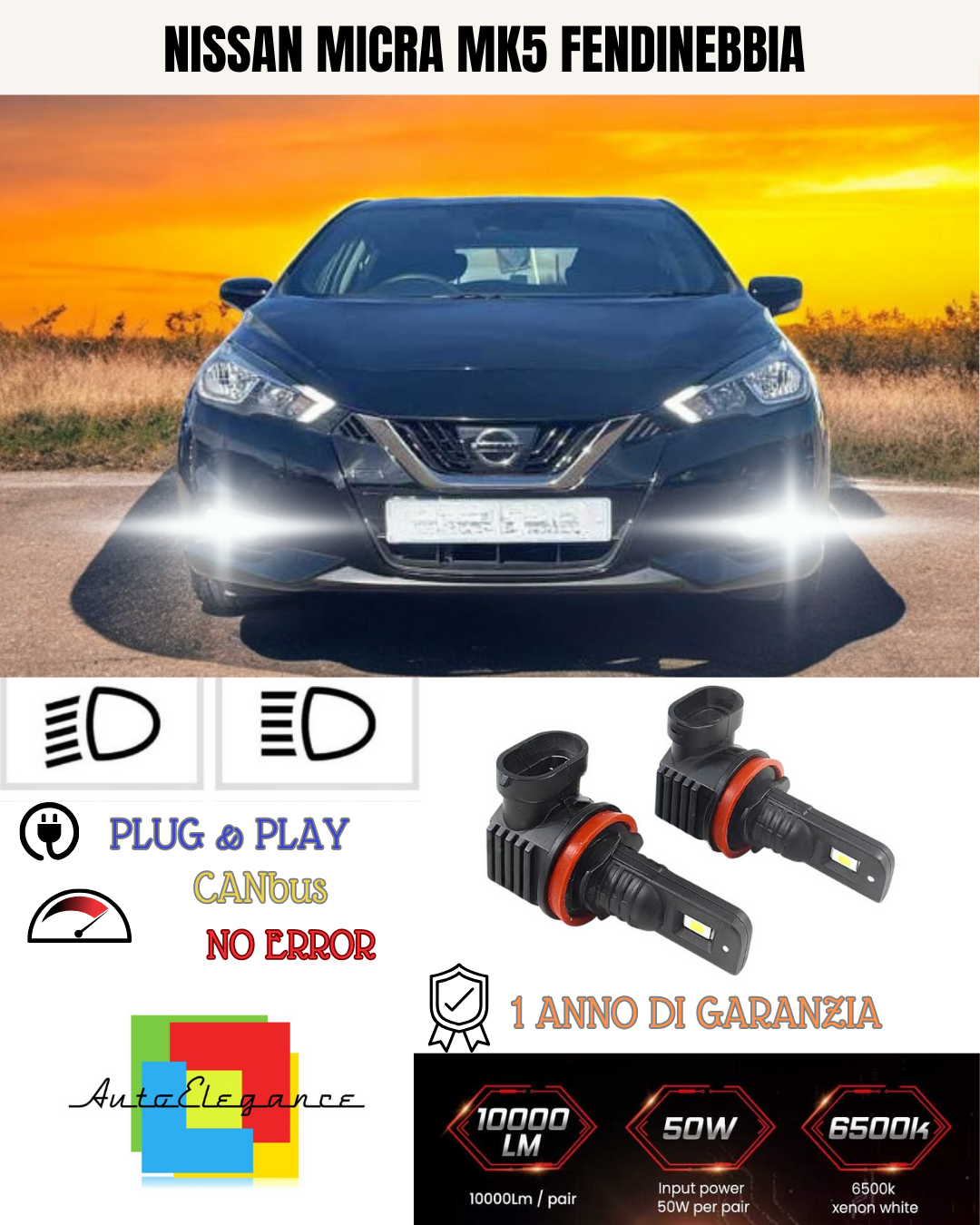 🔥KIT LED H8 NISSAN MICRA MK5 6000K BIANCO FENDINEBBIA 🔥