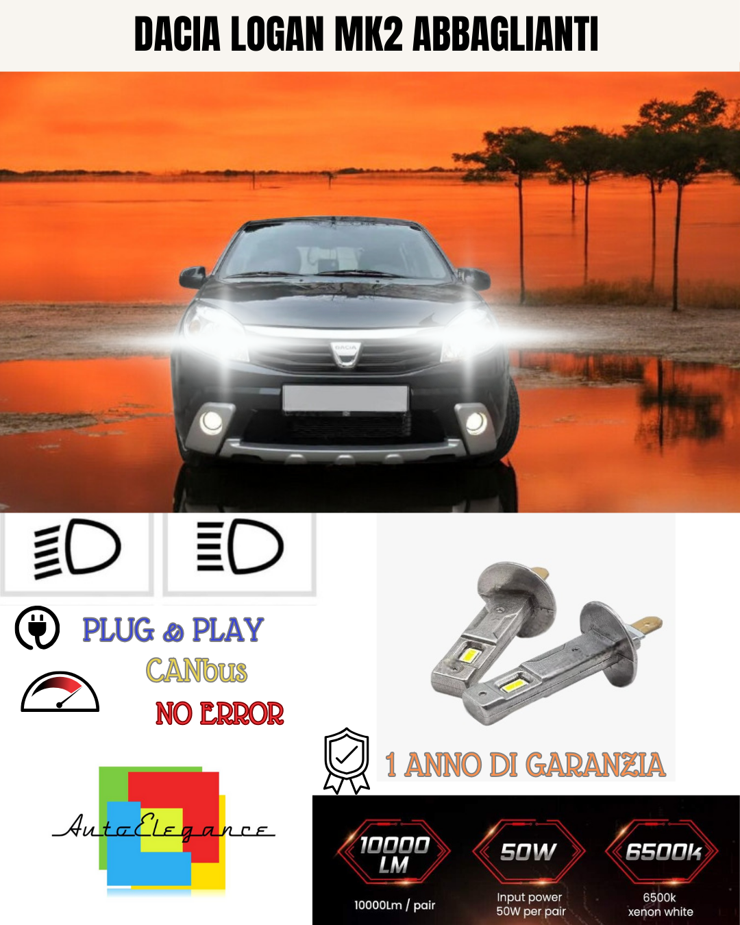 🔥KIT LED H1 DACIA LOGAN MK2 6000K BIANCO ABBAGLIANTI🔥