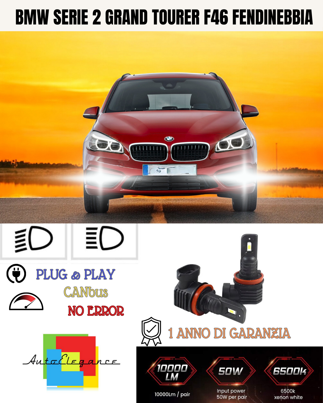 💫KIT LED H8 BMW SERIE 2 GRAND TOURER F46 6000K BIANCO FENDINEBBIA 💫