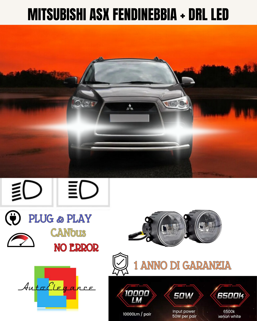 🔥SET PROIETTORI LED  MITSUBISHI ASX 6500K NERO FENDINEBBIA + DRL LED🔥