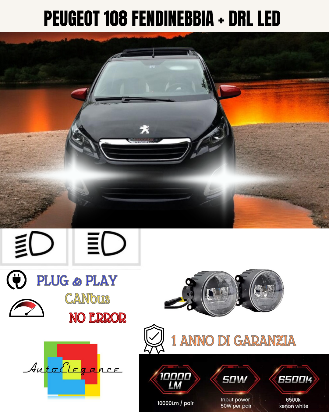 🔥SET PROIETTORI LED PEUGEOT 108 NERO FENDINEBBIA + DRL LED🔥