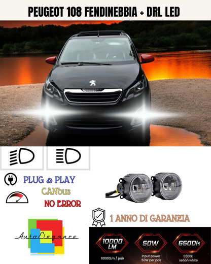 🔥SET PROIETTORI LED PEUGEOT 108 NERO FENDINEBBIA + DRL LED🔥