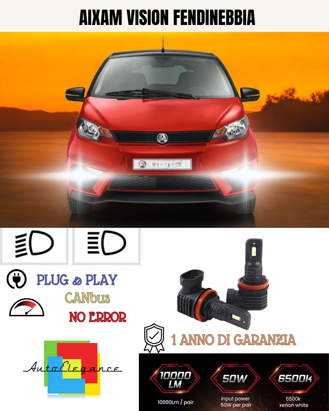 💫KIT LED H11 AIXAM VISION 6000K BIANCO FENDINEBBIA 💫
