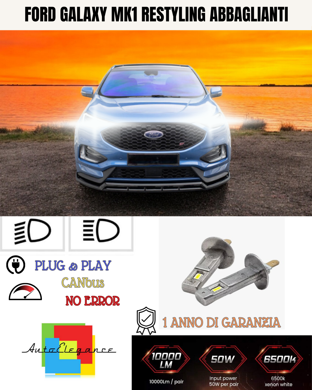 🔥KIT LED H1  FORD GALAXY MK1 RESTYLING 6000K BIANCO ABBAGLIANTI🔥