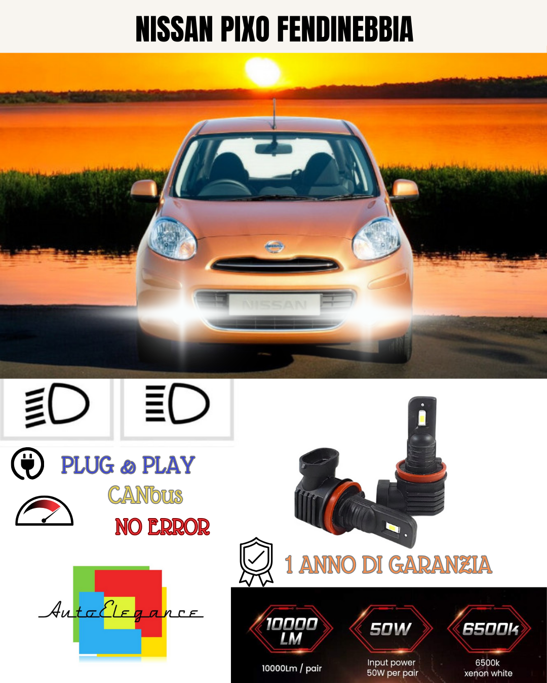 ⭐KIT LED H8 NISSAN PIXO 6000K BIANCO FENDINEBBIA ⭐