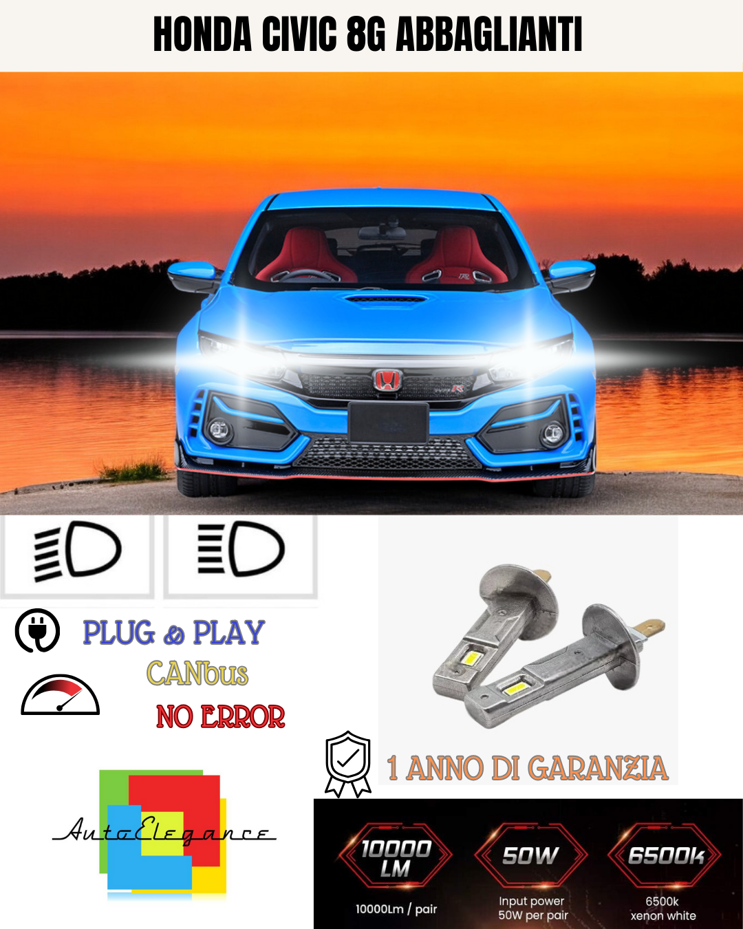 🔥KIT LED H1 HONDA CIVIC 8G 6000K BIANCO ABBAGLIANTI🔥