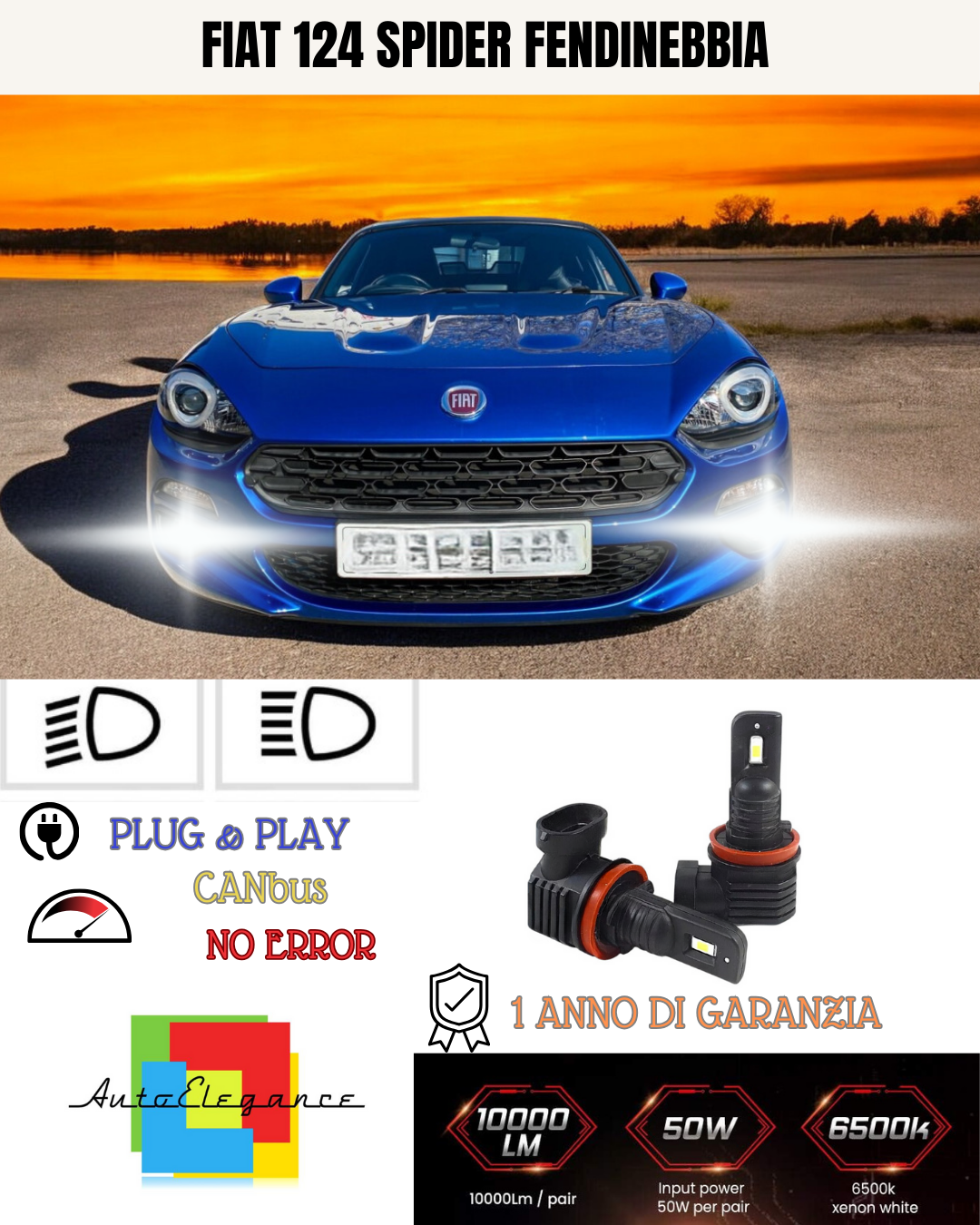 🔥KIT LED H11 FIAT 124 SPIDER 6000K BIANCO FENDINEBBIA 🔥