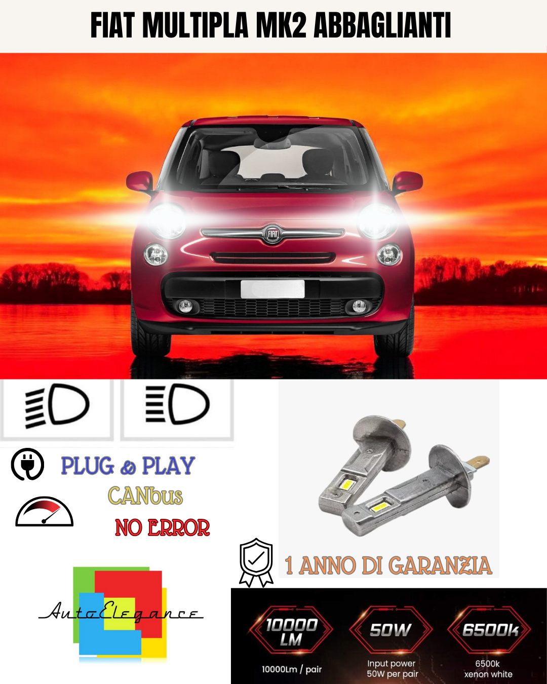 🔥KIT LED H1 FIAT MULTIPLA MK2 6000K BIANCO ABBAGLIANTI🔥