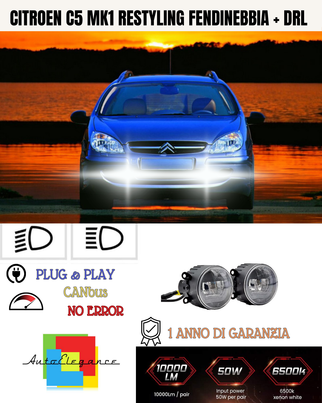 🔥SET PROIETTORI LED CITROEN C5 MK1 RESTYLING NERO FENDINEBBIA + DRL🔥