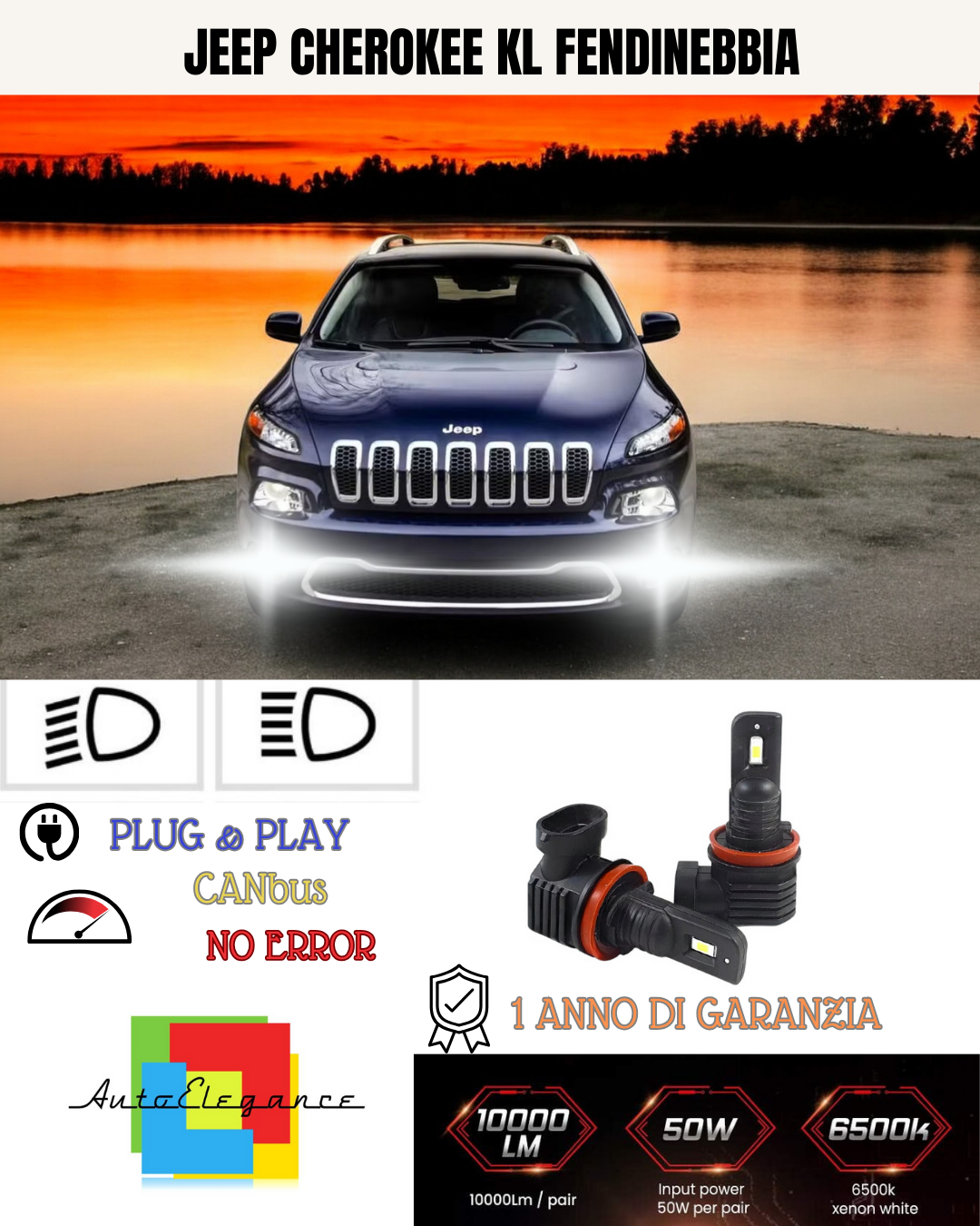 ⭐KIT LED H11 JEEP CHEROKEE KL 6000K BIANCO FENDINEBBIA ⭐