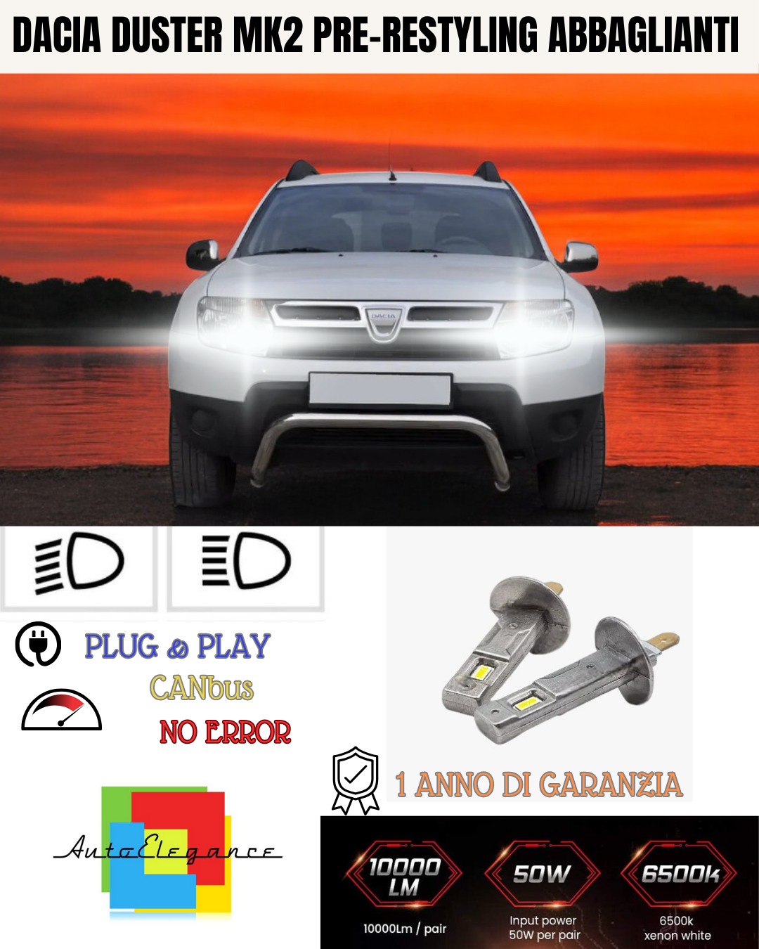 🔥KIT LED H1 DACIA DUSTER MK2 PRE-RESTYLING 6000K BIANCO ABBAGLIANTI🔥