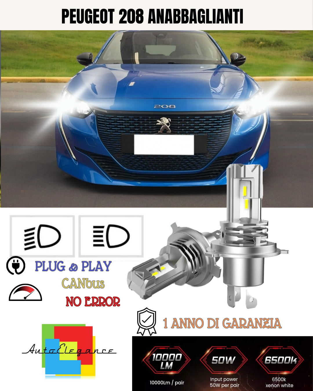 KIT LED H7 PER PEUGEOT 208 6000K BIANCO 6000 LUMEN CANBUS ANABBAGLIANTI
