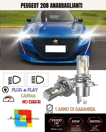 KIT LED H7 PER PEUGEOT 208 6000K BIANCO 6000 LUMEN CANBUS ANABBAGLIANTI