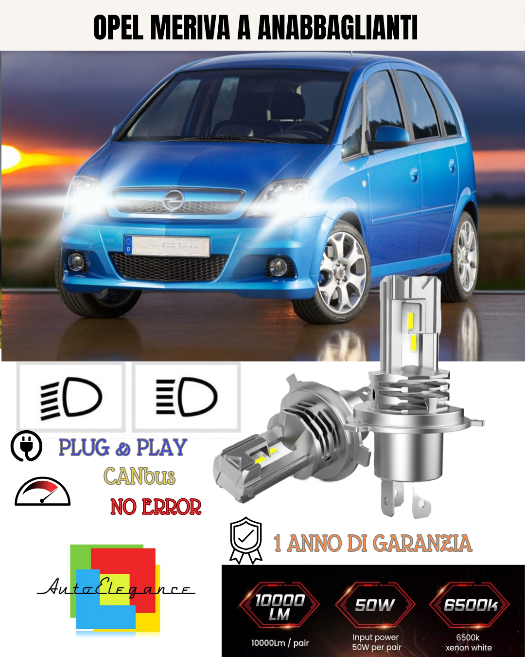KIT LED H7 OPEL MERIVA A 6000K BIANCO 6000 LUMEN CANBUS ANABBAGLIANTI