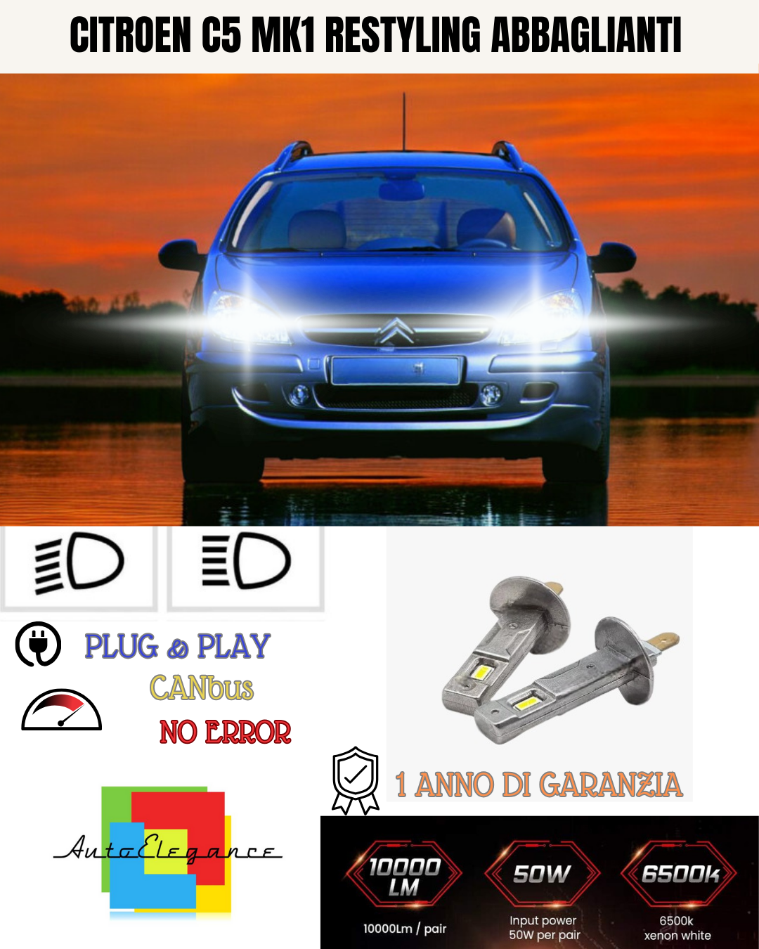 🔥KIT LED H1 CITROEN C5 MK1 RESTYLING 6000K BIANCO ABBAGLIANTI🔥