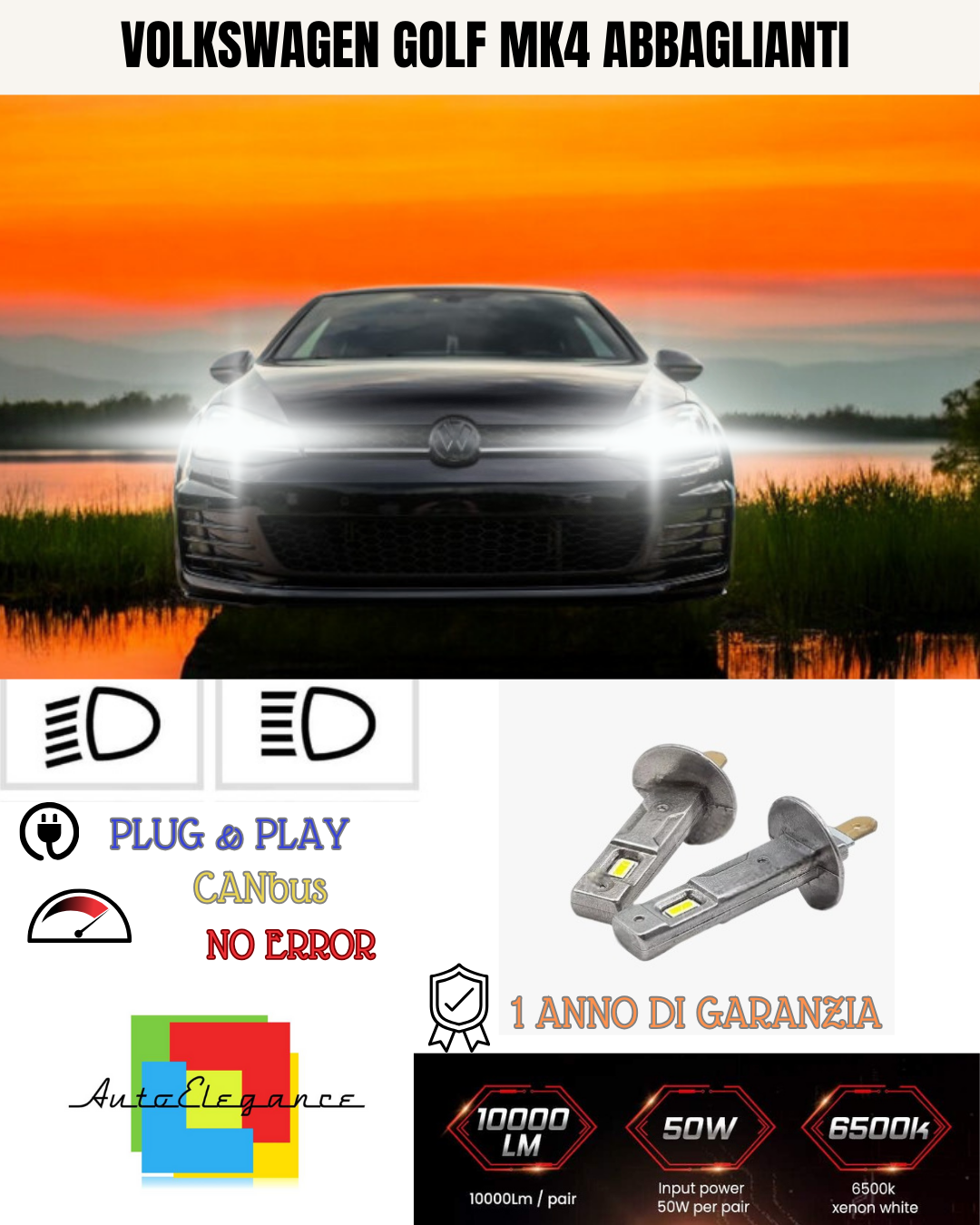 🔥KIT LED H1 VOLKSWAGEN GOLF MK4 6000K BIANCO ABBAGLIANTI🔥