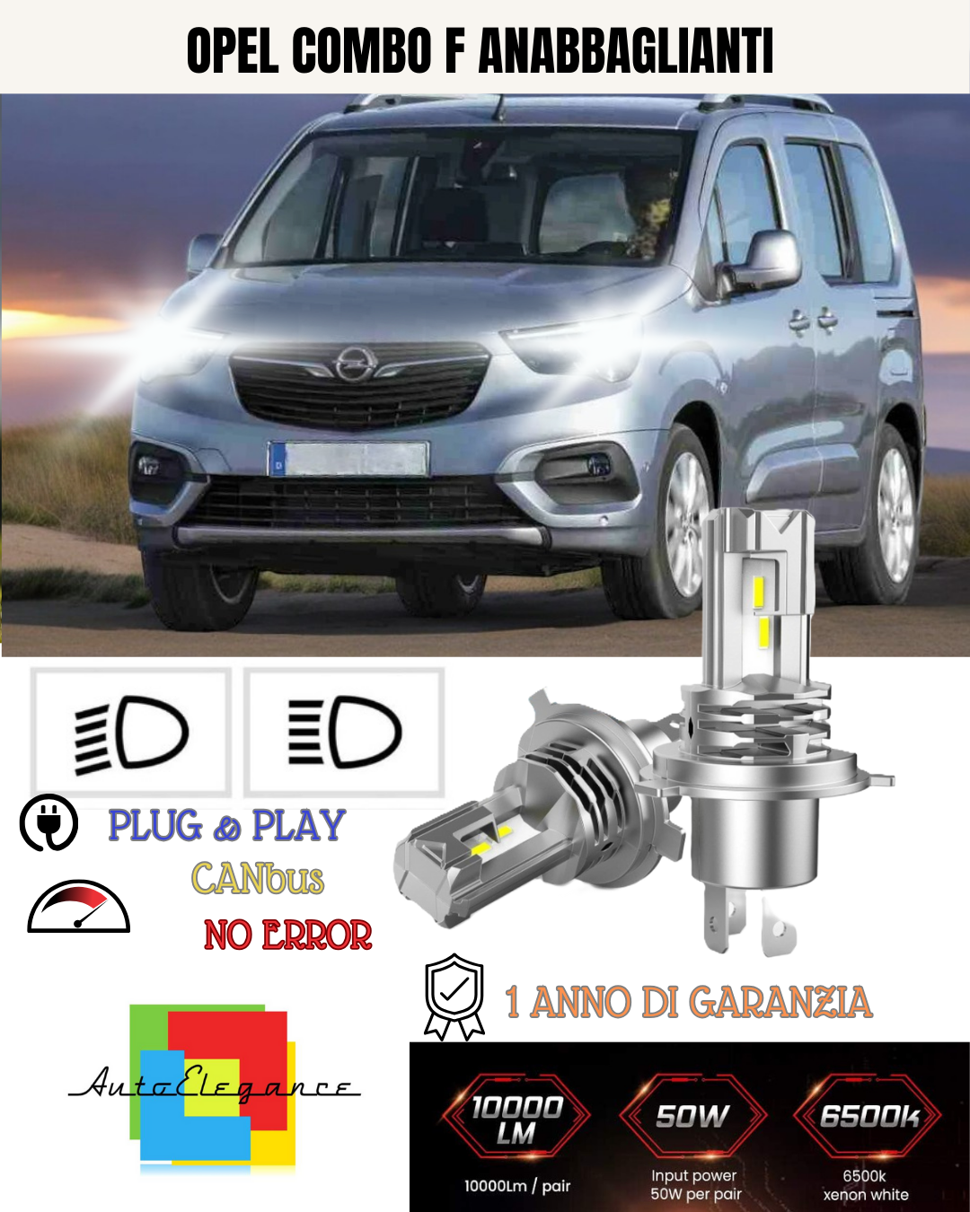 KIT LED H7 OPEL COMBO F 6000K BIANCO 6000 LUMEN CANBUS ANABBAGLIANTI