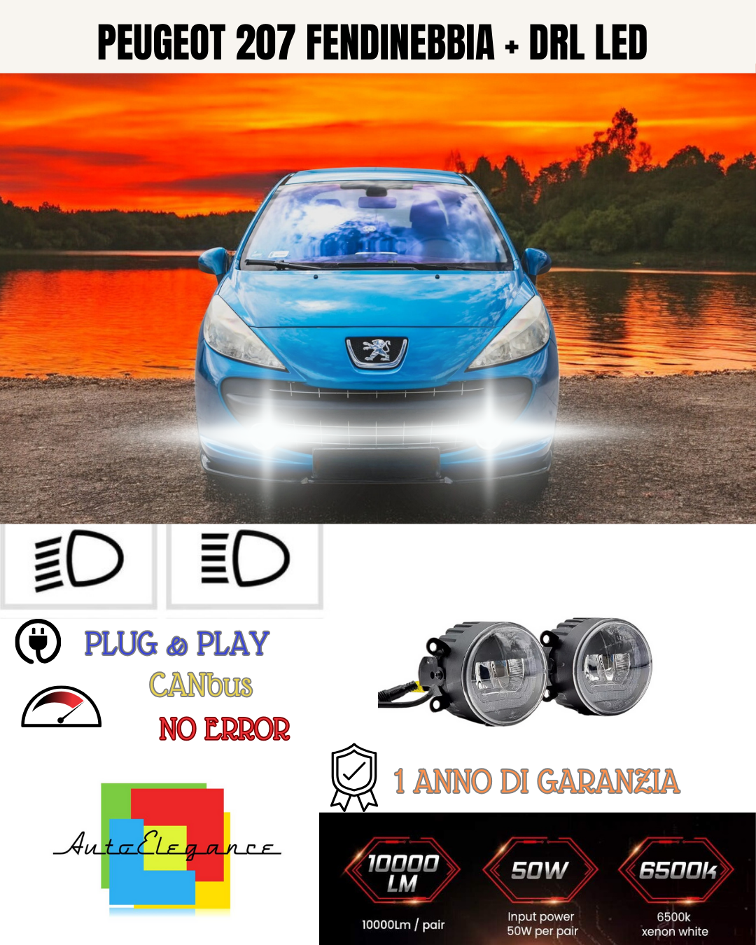 🔥SET PROIETTORI LED PEUGEOT 207 6500K NERO FENDINEBBIA + DRL LED🔥