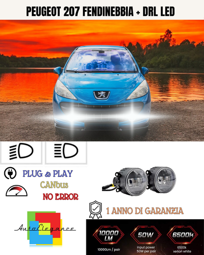 🔥SET PROIETTORI LED PEUGEOT 207 6500K NERO FENDINEBBIA + DRL LED🔥