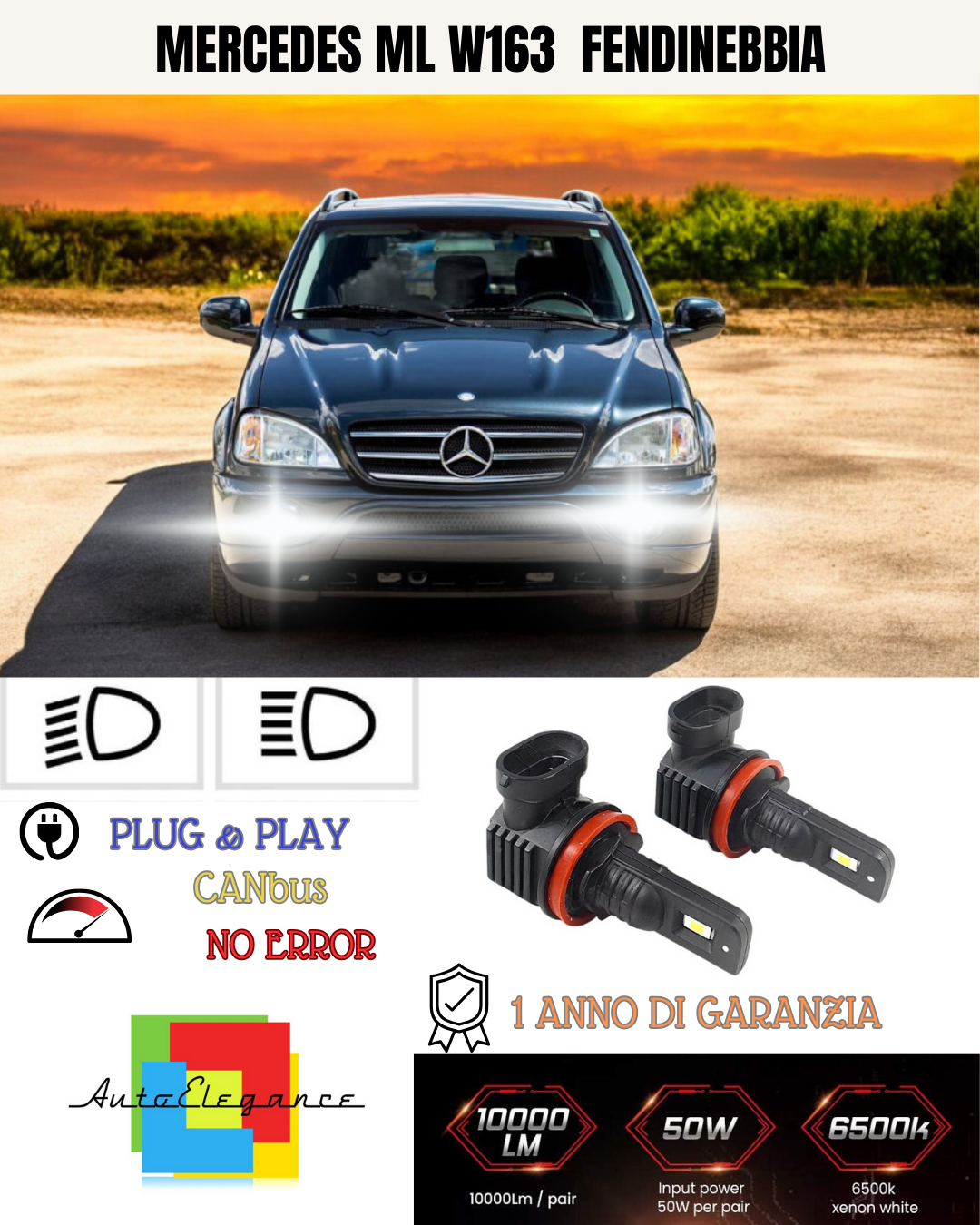 🔥KIT LED H8 MERCEDES ML W163 6000K BIANCO FENDINEBBIA 🔥