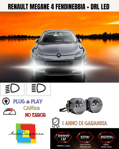 🔥SET PROIETTORI LED RENAULT MEGANE 4 6500K NERO FENDINEBBIA + DRL LED🔥