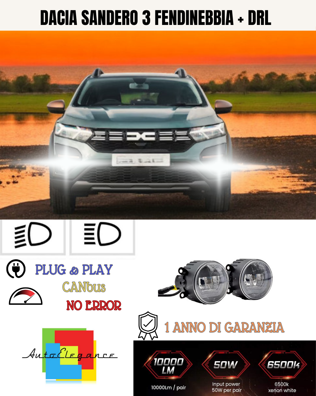 🔥SET PROIETTORI LED DACIA SANDERO 3 NERO FENDINEBBIA + DRL🔥
