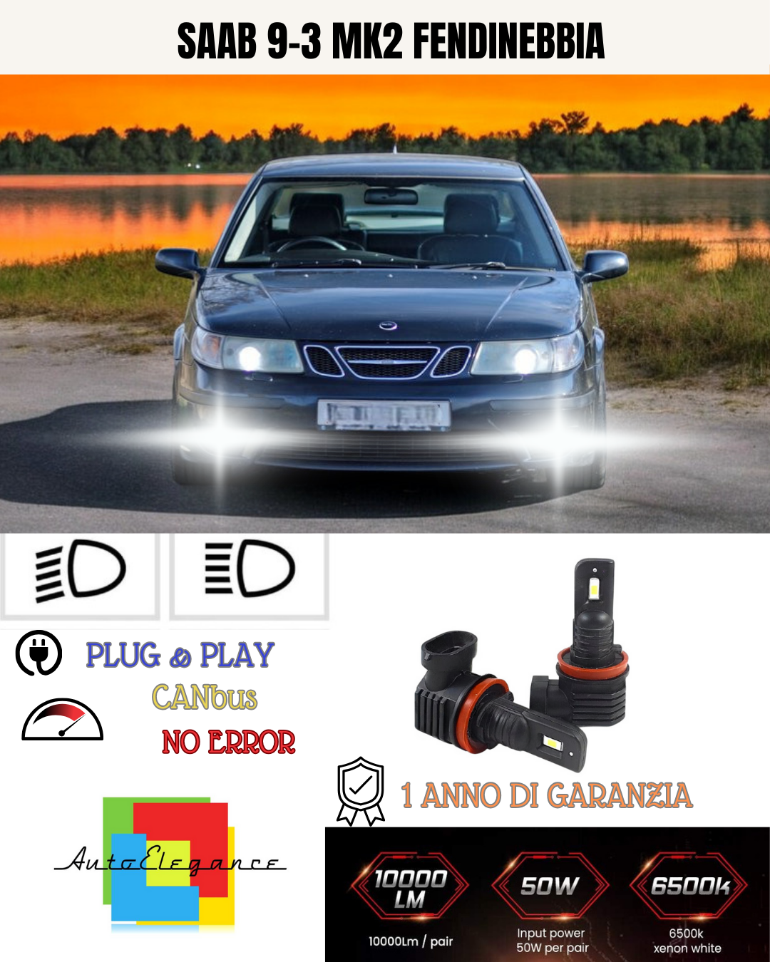 💫KIT LED H8 SAAB 9-3 MK2 6000K BIANCO FENDINEBBIA 💫