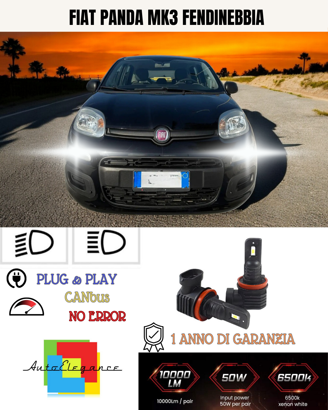⭐KIT LED H11  FIAT PANDA MK3 6000K BIANCO FENDINEBBIA ⭐