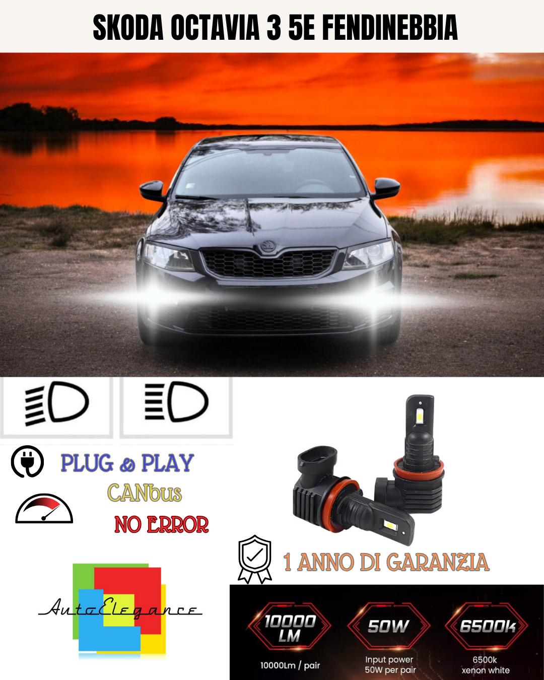⭐KIT LED H8  SKODA OCTAVIA 3 5E 6000K BIANCO FENDINEBBIA ⭐