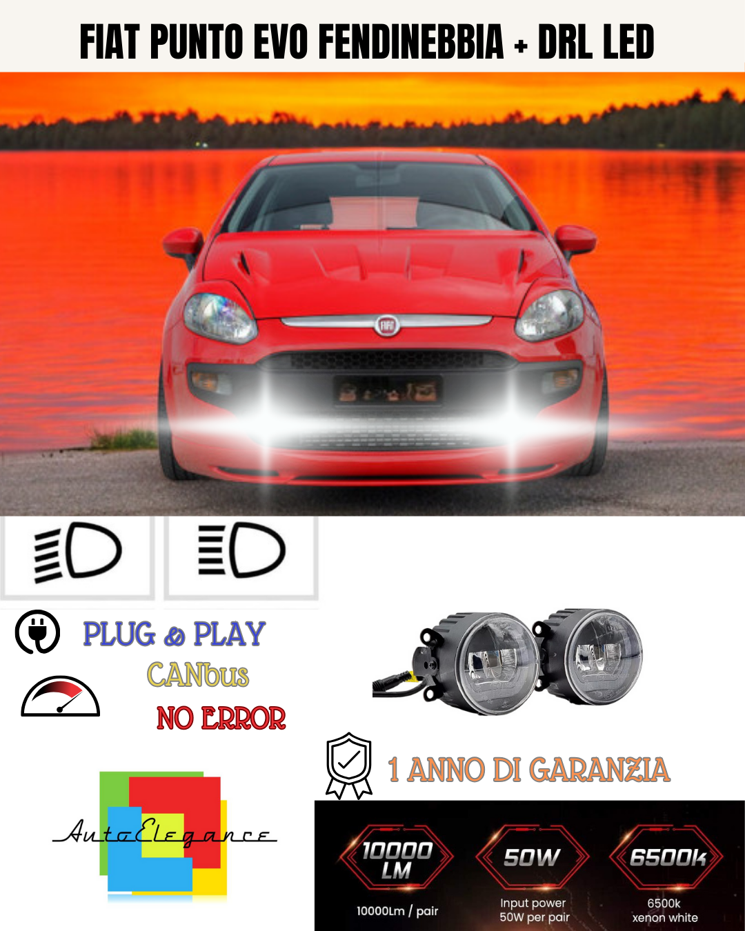 🔥SET PROIETTORI LED FIAT PUNTO EVO 6500K NERO FENDINEBBIA + DRL LED🔥