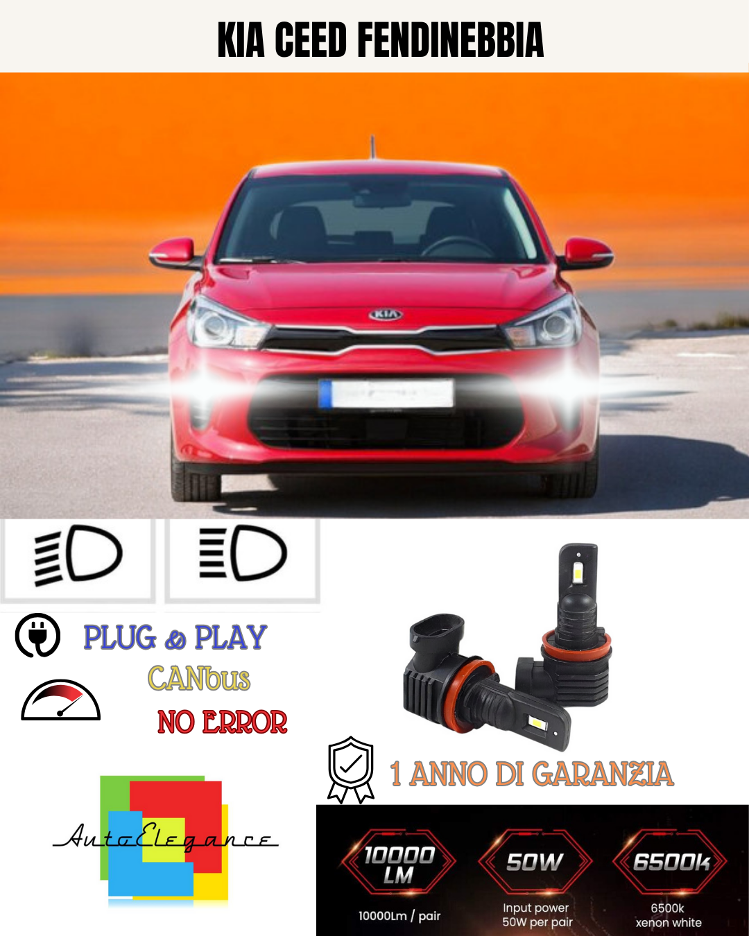 ⭐KIT LED H8  KIA CEED 6000K BIANCO FENDINEBBIA ⭐